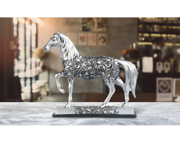 Bungalow Rose 8"W Decorative Craved Silver Horse Figurine with Base
